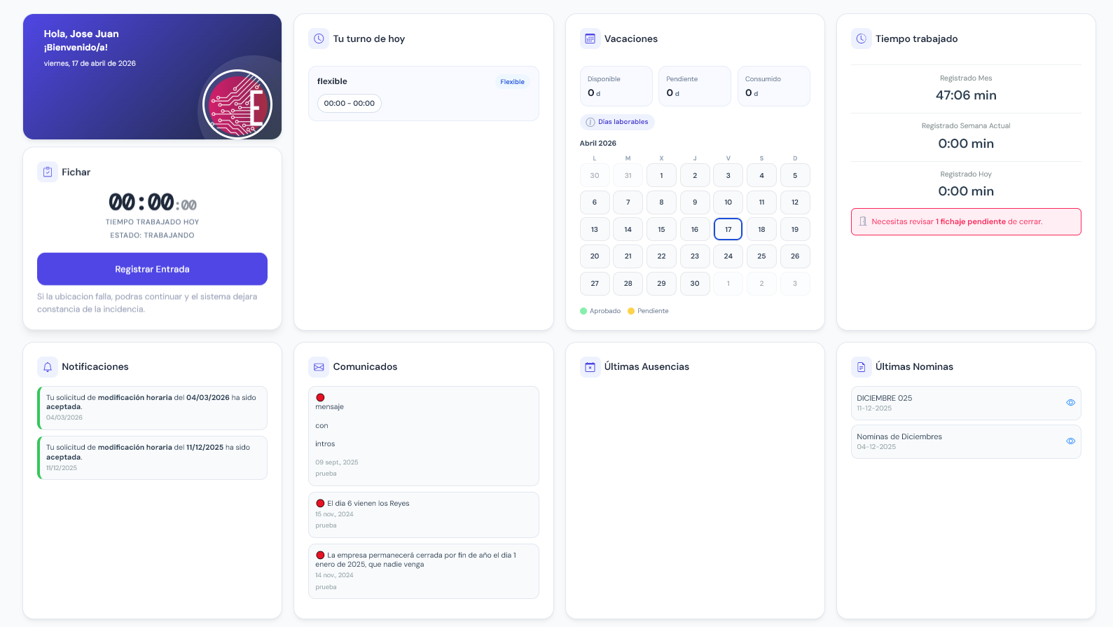 Panel principal de ERTIA RRHH: fichaje, vacaciones, nóminas y comunicados en una sola pantalla